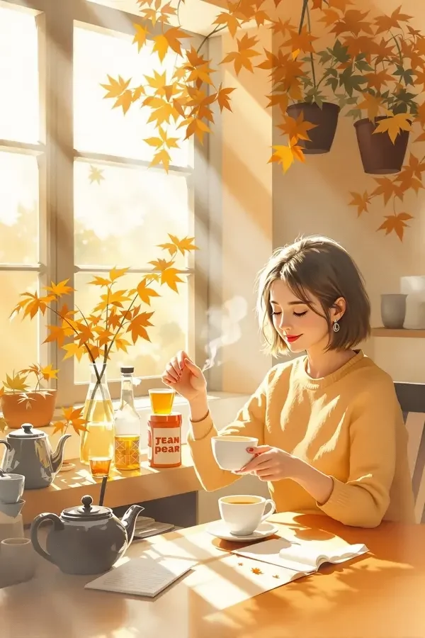 亚洲黄色电影《暖阳茶馆》电影海报，暖橙色调茶馆留白构图