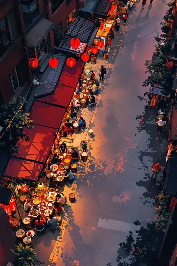 亚洲黄色电影《老街食客》节目海报，绛红色调老街大排档俯拍