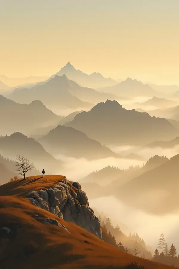 亚洲黄色电影《群山回响》剧照，焦糖色调群山远景